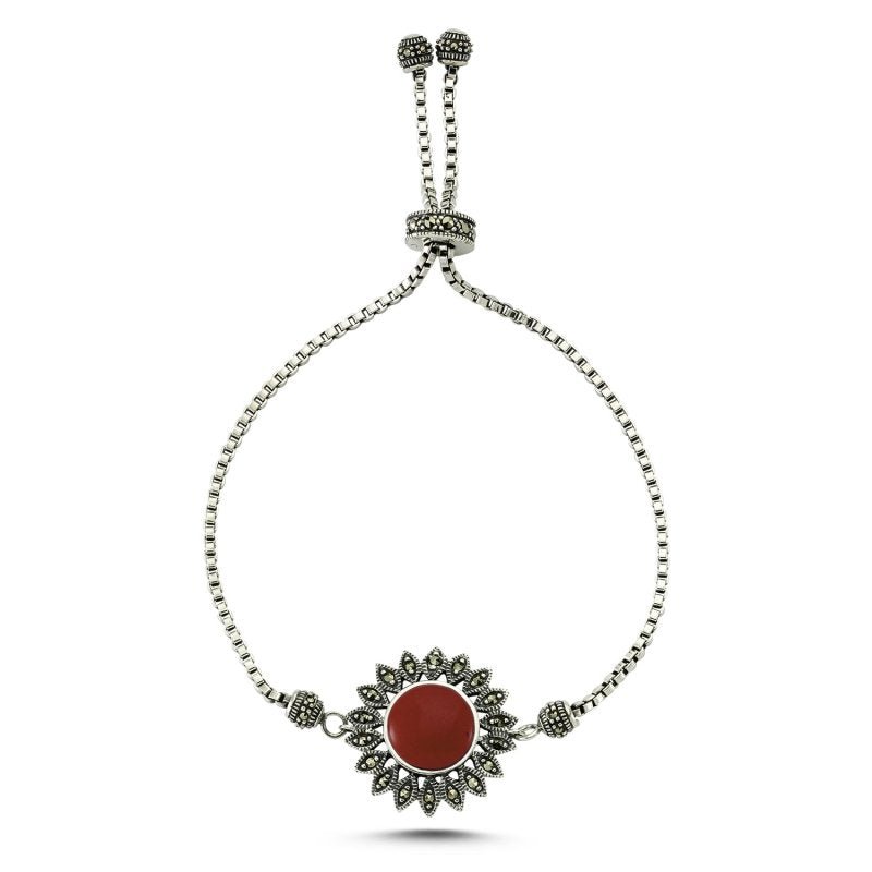 Adjustable Natural Agate & Marcasite Bracelet in Sterling Silver - Zehrai