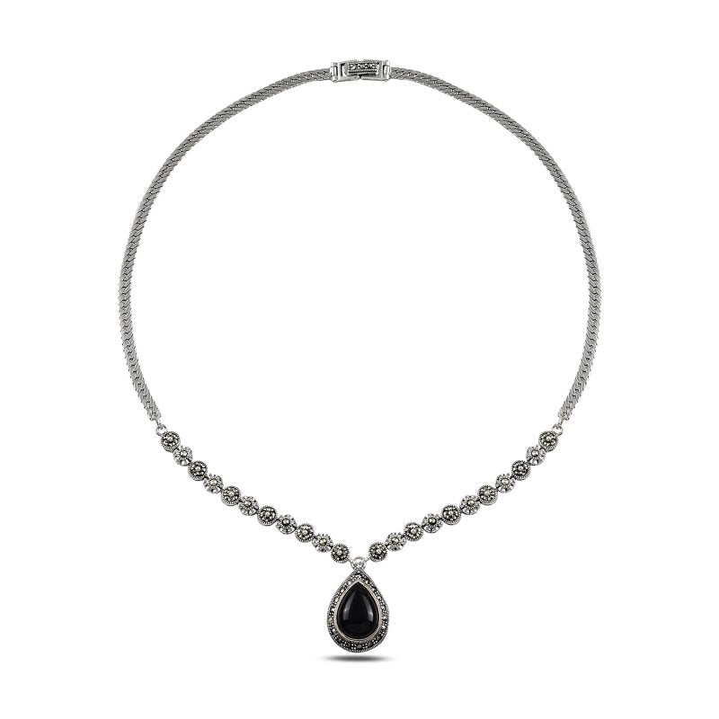 Black Onyx And Marcasite Necklace In Sterling Silver - Zehrai