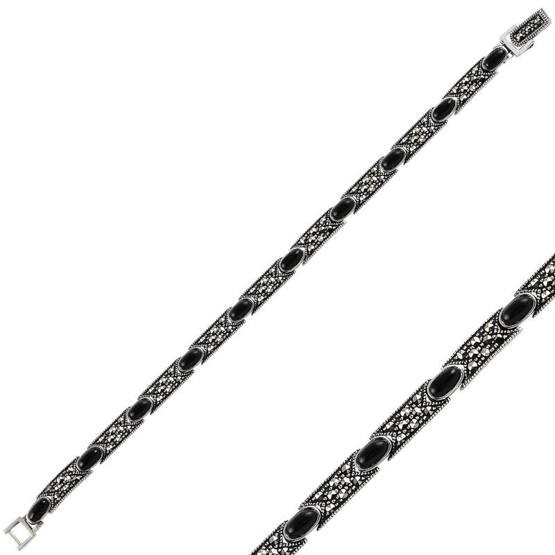 Handcrafted Black Onyx & Marcasite Bracelet in Sterling Silver - Zehrai