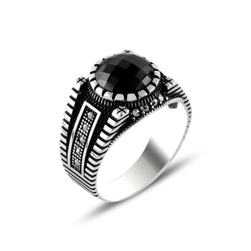 Handmade Sterling Silver Men’s Ring with Black Onyx & Marcasite - Zehrai