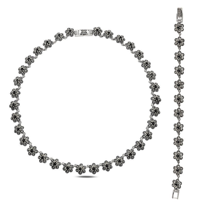 Natural Black Onyx & Marcasite Necklace and Bracelet Set in Sterling Silver - Zehrai