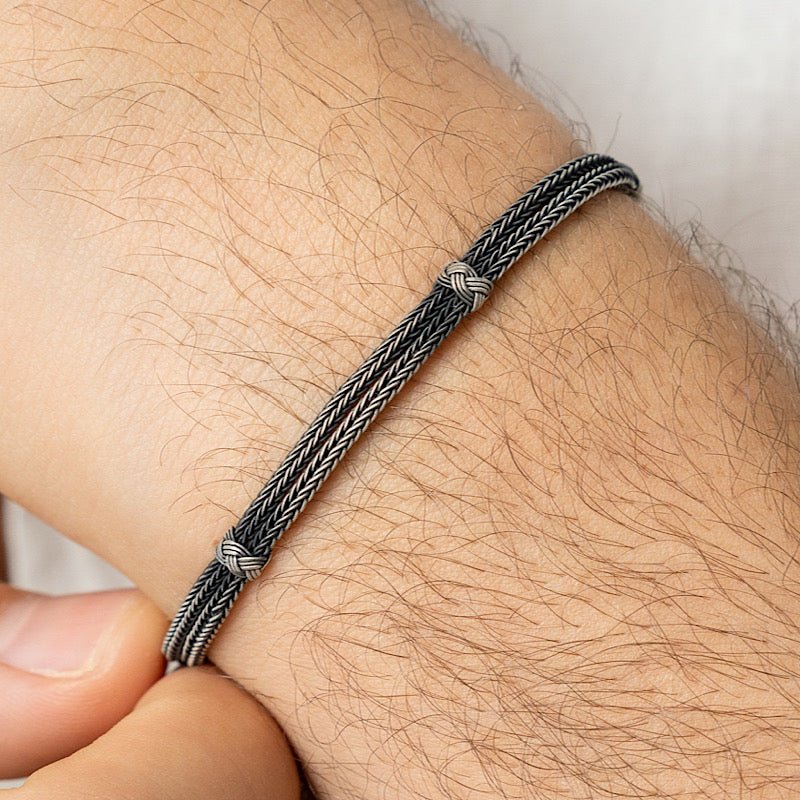 Two Line Oxidised Kazaz Men Bracelet in pure silver - Zehrai