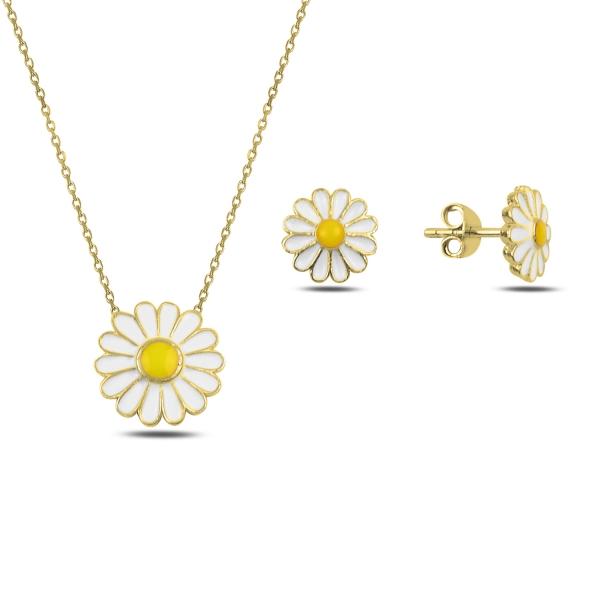 Enamel daisy necklace and earrings set in sterling silver