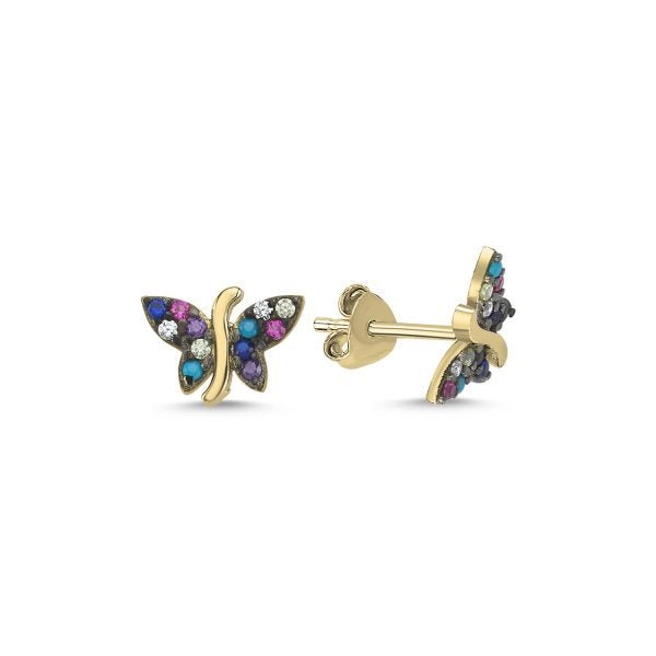 Multicolour Butterfly Stud Earrings In Sterling Silver