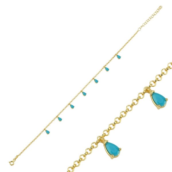 Nano Turquoise Dangle Rolo Chain Anklet In Sterling Silver