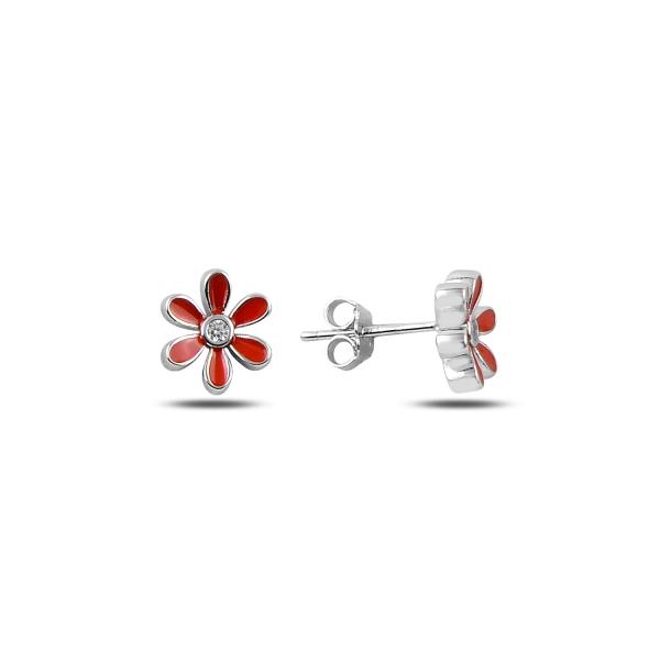 Red Enamel Daisy Stud Earrings in Sterling Silver - Zehrai
