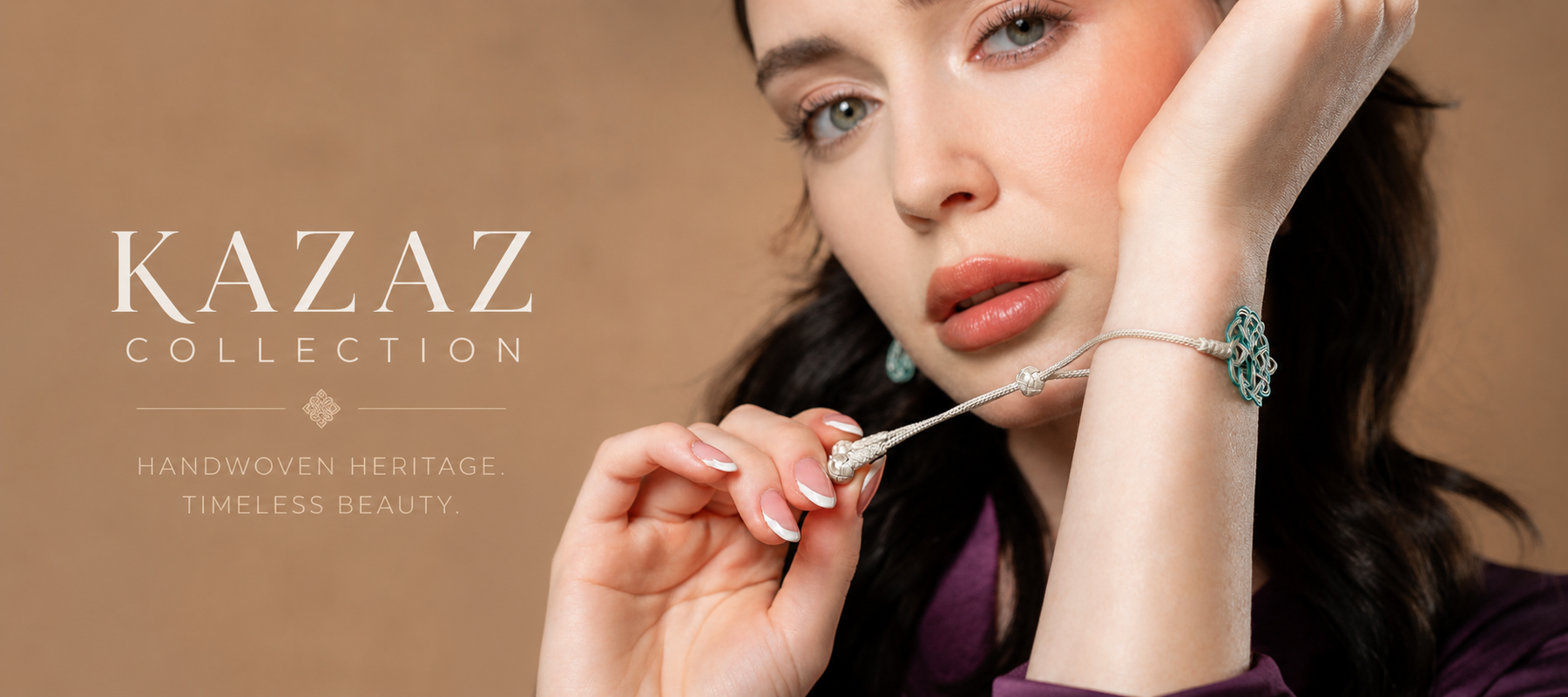 Desktop homepage banner featuring a model wearing a handcrafted Kazaz bracelet and earrings, showcasing traditional Turkish handwoven silver jewellery with the text “Kazaz Collection – Handwoven Heritage, Timeless Beauty.”