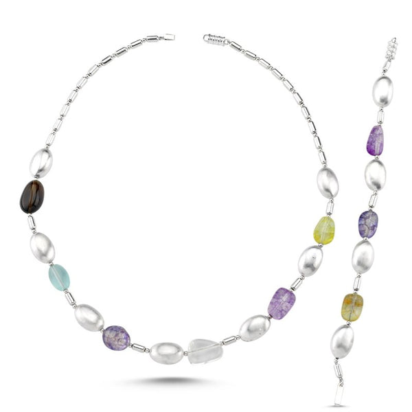 Sterling Silver Necklace & Bracelet Set with Colored Quartz