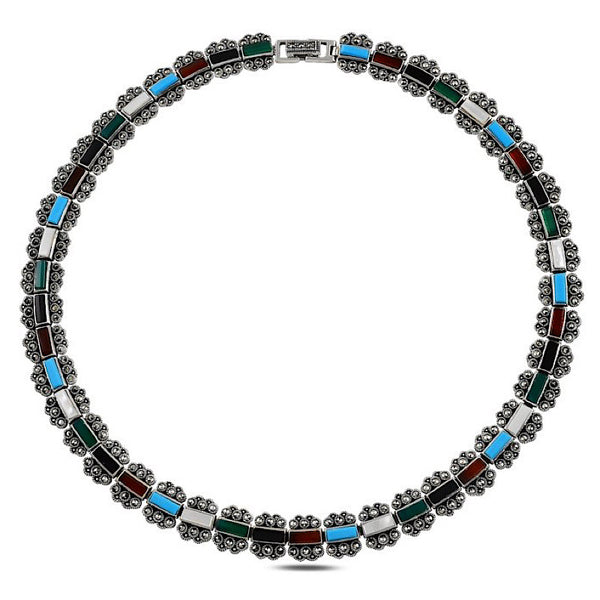 Handmade Sterling Silver Necklace with Natural Onyx, Agate, Turquoise, Mother of Pearl & Marcasite