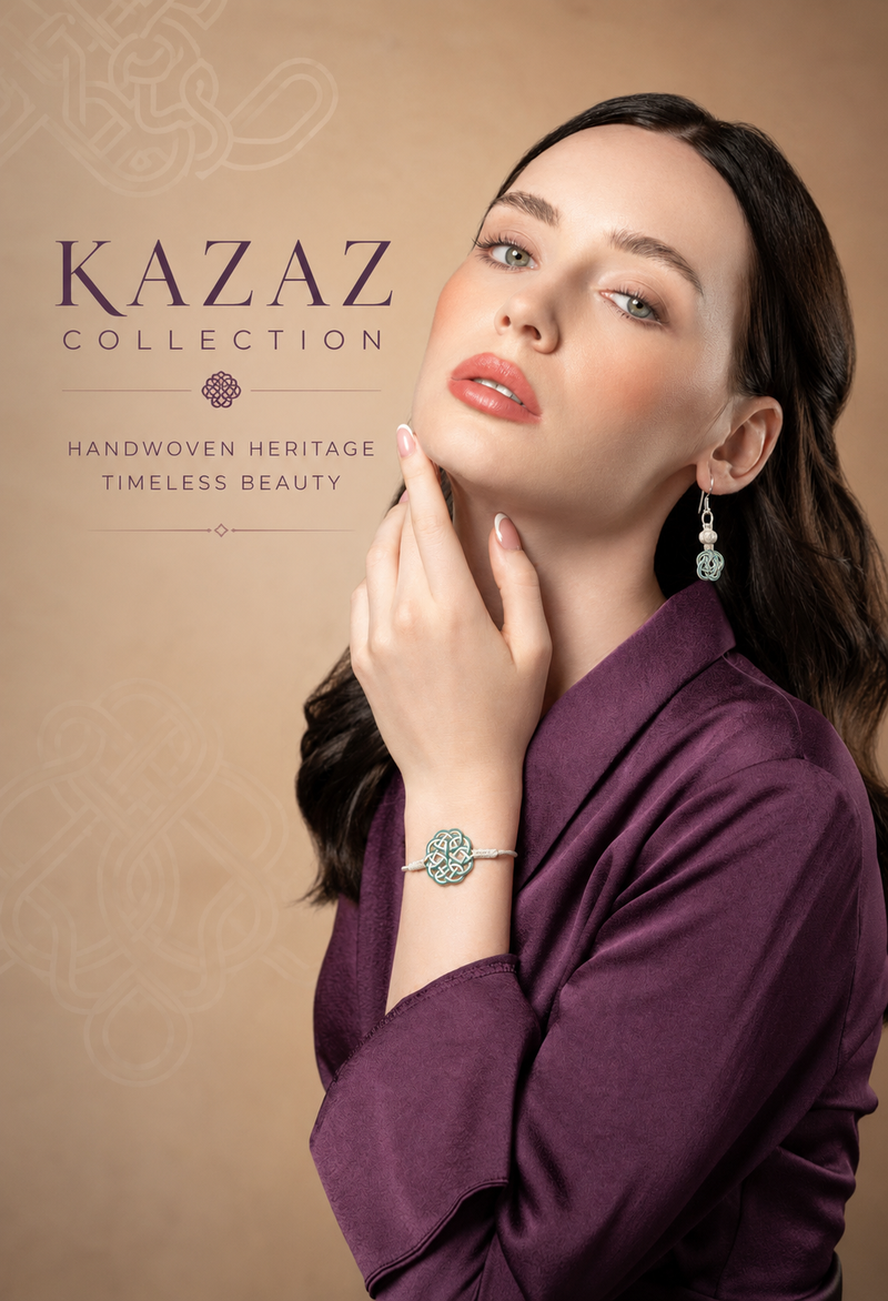 Mobile homepage banner featuring a model wearing a handcrafted Kazaz bracelet and earrings, showcasing traditional Turkish handwoven silver jewellery with the text “Kazaz Collection – Handwoven Heritage, Timeless Beauty.”