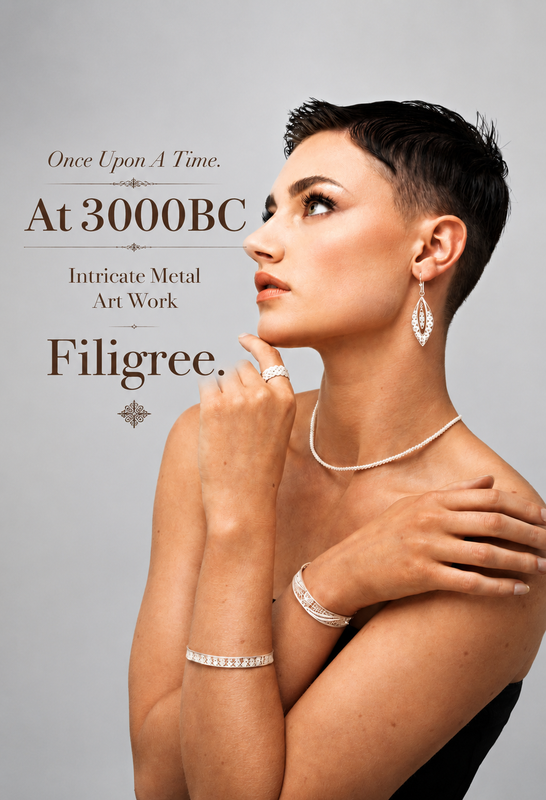 Model wearing handcrafted sterling silver filigree earrings, necklace, ring and bracelets, showcasing the timeless beauty of traditional filigree jewellery against a clean, elegant background.