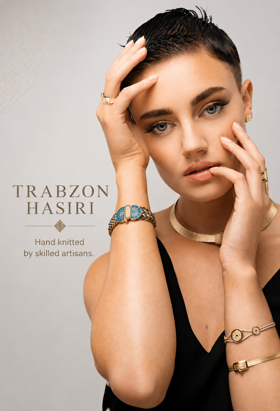 Trabzon Hasiri hand-knitted gold bracelet worn by a model, showcasing traditional Turkish craftsmanship with a contemporary luxury style