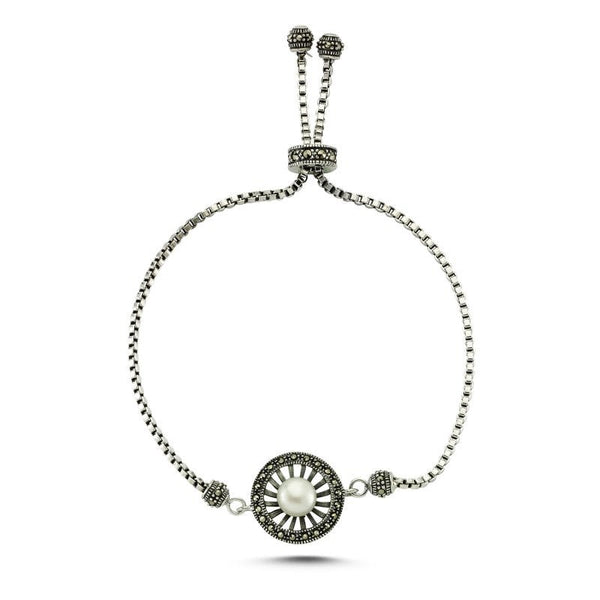 Adjustable Marcasite & Pearl Bracelet in Sterling Silver - Zehrai
