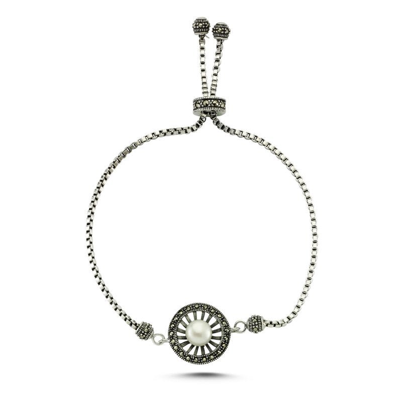 Adjustable Marcasite & Pearl Bracelet in Sterling Silver - Zehrai