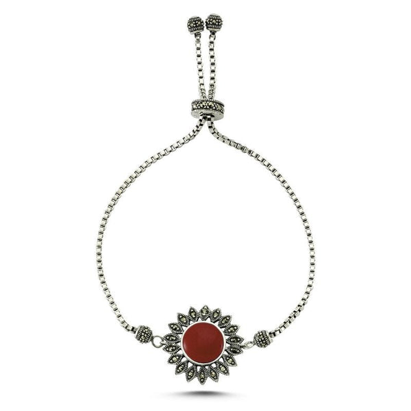 Adjustable Natural Agate & Marcasite Bracelet in Sterling Silver - Zehrai