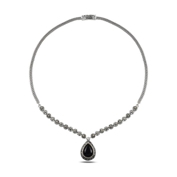 Black Onyx And Marcasite Necklace In Sterling Silver - Zehrai