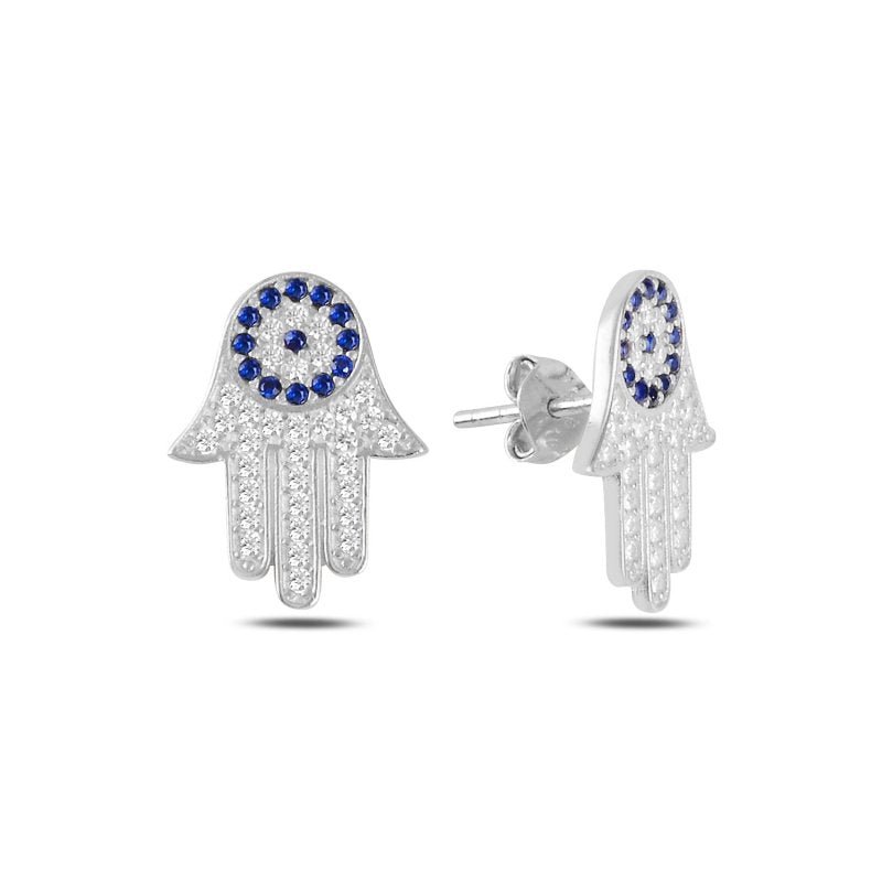Hamsa Evil Eye Earrings – Sterling Silver Studs – Zehrai