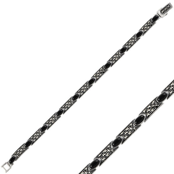 Handcrafted Black Onyx & Marcasite Bracelet in Sterling Silver - Zehrai