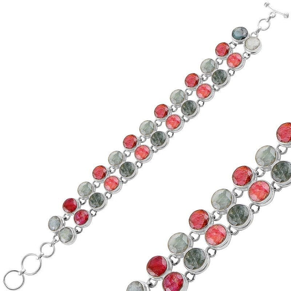 Handmade Natural Root Ruby & Root Emerald Bracelet in Sterling Silver - Zehrai