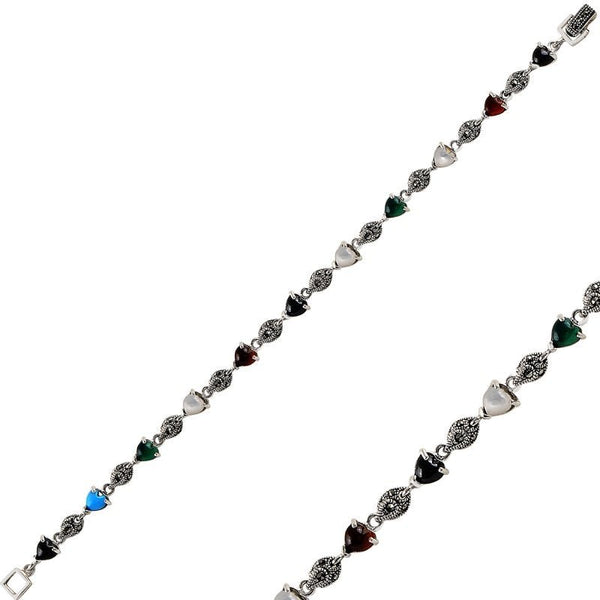 Handmade Sterling Silver Bracelet with Natural Agates, Turquoise, Onyx, Mother of Pearl & Marcasite - Zehrai