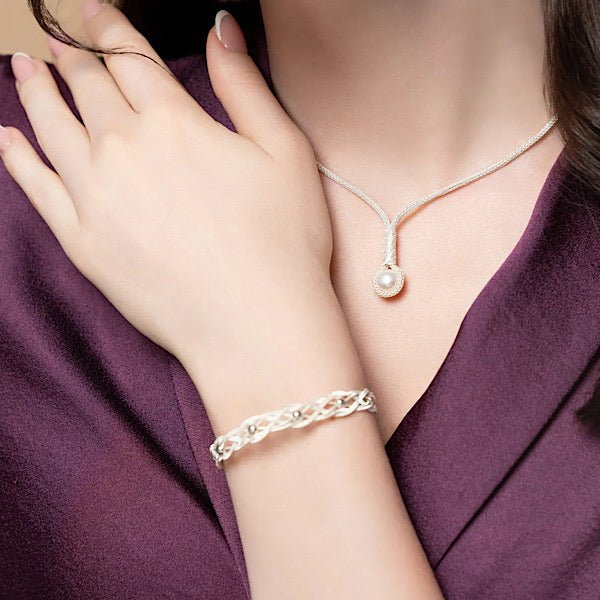 Handwoven Kazaz Necklace with Cultured Fresh Water Pearl In Pure Silver - Zehrai