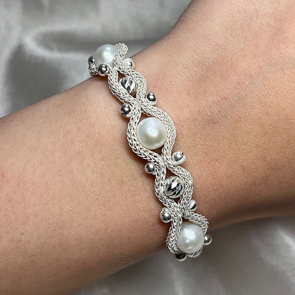 Handwoven Pure Silver Kazaz Bracelet with Cultured Freshwater Pearls and Diamond - Cut Silver Beads - Zehrai