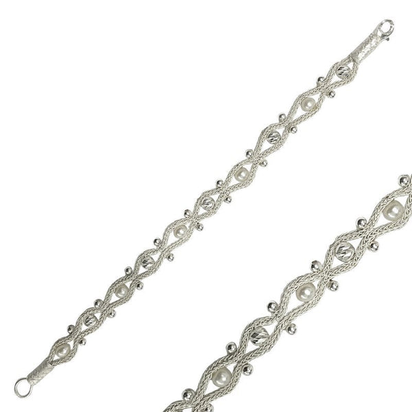 Handwoven Pure Silver Kazaz Bracelet with Cultured Freshwater Pearls and Diamond - Cut Silver Beads - Zehrai