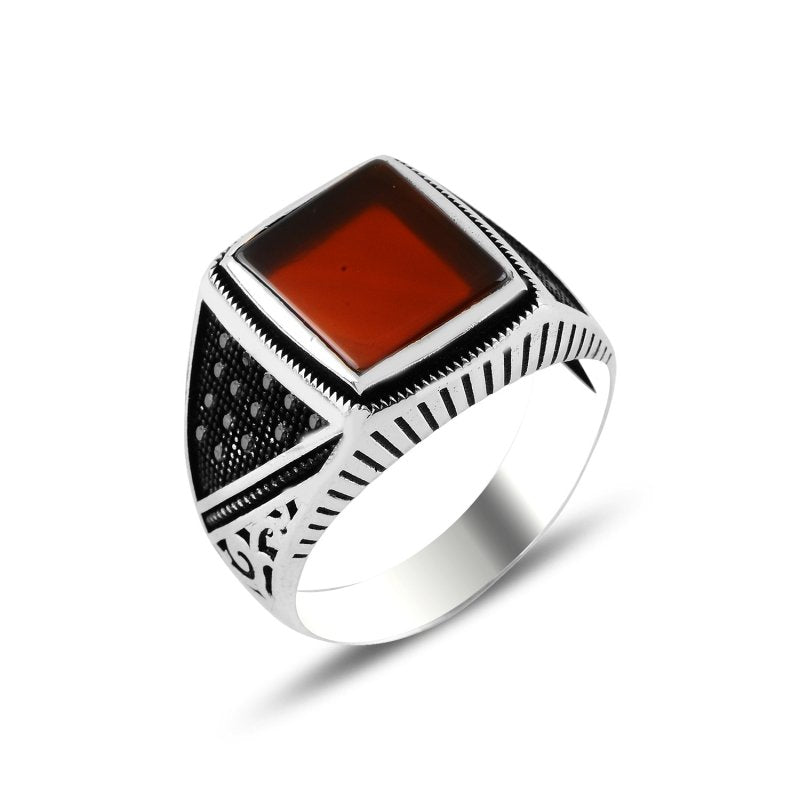 Marcasite Red Agate Men's Ring In Sterling Silver