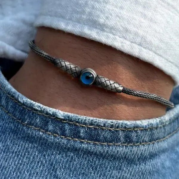 Oxidised Evil Eye Kazaz Bracelet - Handwoven Pure Silver - Zehrai
