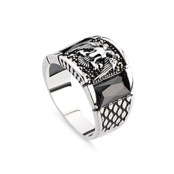 Sterling Silver Men’s Ring with Seljuk Eagle, Marcasite & Black Cubic Zirconia - Zehrai