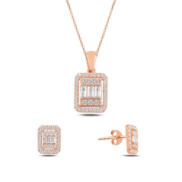 Baguette necklace and earrings with cubic zirconia in sterling silver