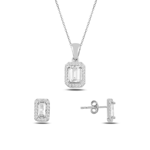 Baguette necklace and stud earrings set in sterling silver - Zehrai