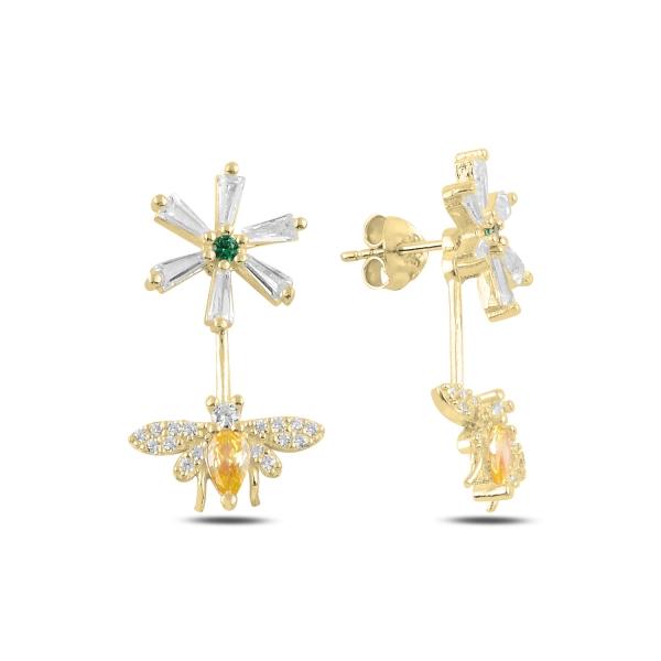 Bee and flower earrings with cubic zirconia in sterling silver - Zehrai