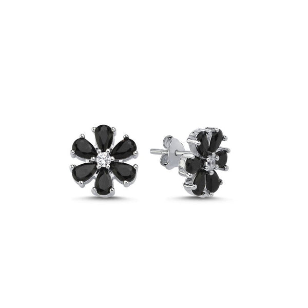 Black Flower stud earrings in sterling silver - Zehrai