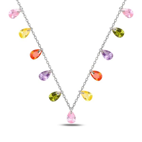 Colourful dangle drop choker necklace in sterling silver - Zehrai