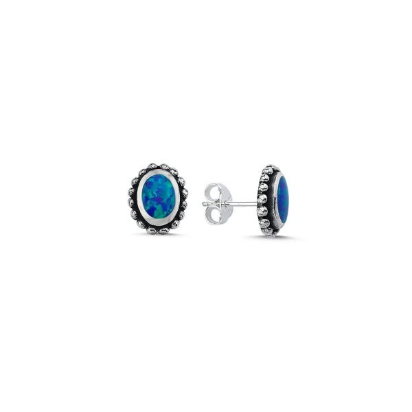 Created Opal Oval Stud Earrings In Sterling Silver - Zehrai