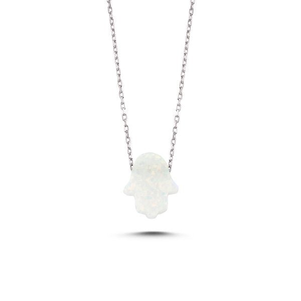 Created White Opal Hamsa Necklace In Sterling Silver - Zehrai