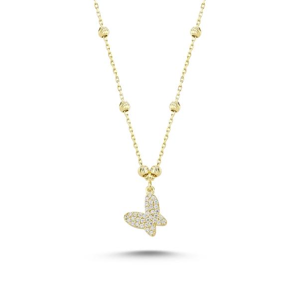 Diamond cut ball and butterfly necklace in sterling silver - Zehrai
