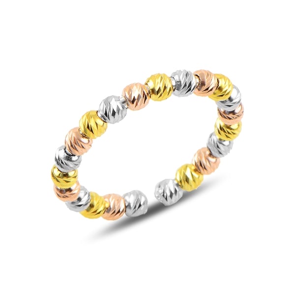 Diamond Cut Tri Colour Ball Adjustable Ring In Sterling Silver - Zehrai