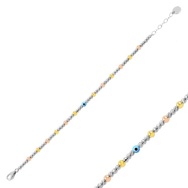 Diamond cut tri colour ball and evil eye bracelet in sterling silver - Zehrai
