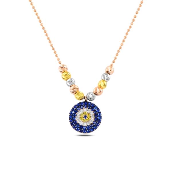 Diamond Cut Tri Colour Ball And Evil Eye Necklace In Sterling Silver - Zehrai
