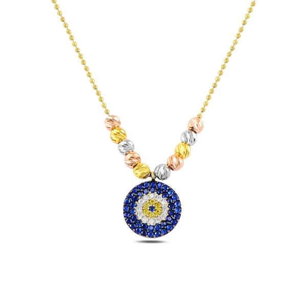 Diamond Cut Tri Colour Ball And Evil Eye Necklace In Sterling Silver