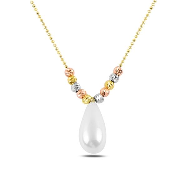Diamond Cut Tri Colour Ball And Pearl Necklace In Sterling Silver
