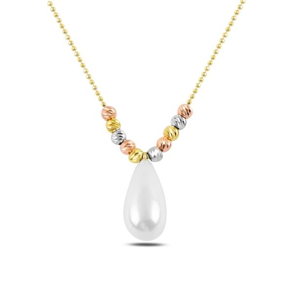 Diamond Cut Tri Colour Ball And Pearl Necklace In Sterling Silver - Zehrai