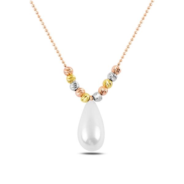 Diamond Cut Tri Colour Ball And Pearl Necklace In Sterling Silver - Zehrai