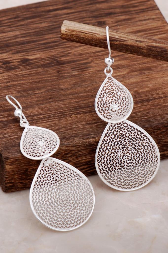 Double teardrop filigree earrings in sterling silver - Zehrai