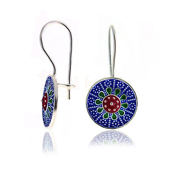 Enamel Blue & Red Flower Design Earrings In Sterling Silver - Zehrai
