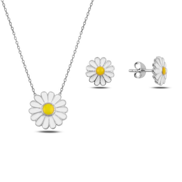 Enamel daisy necklace and earrings set in sterling silver - Zehrai