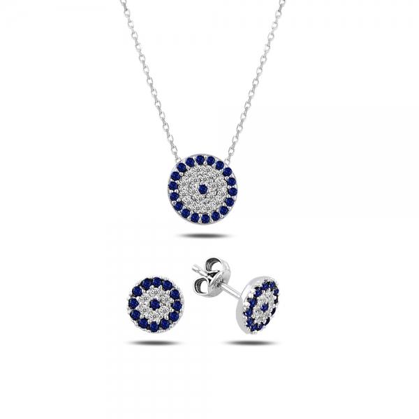 Evil eye necklace and stud earrings set in sterling silver - Zehrai