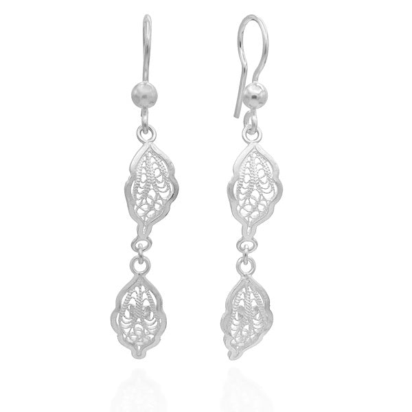 Filigree Earrings Drop Leaf Design In Sterling Silver